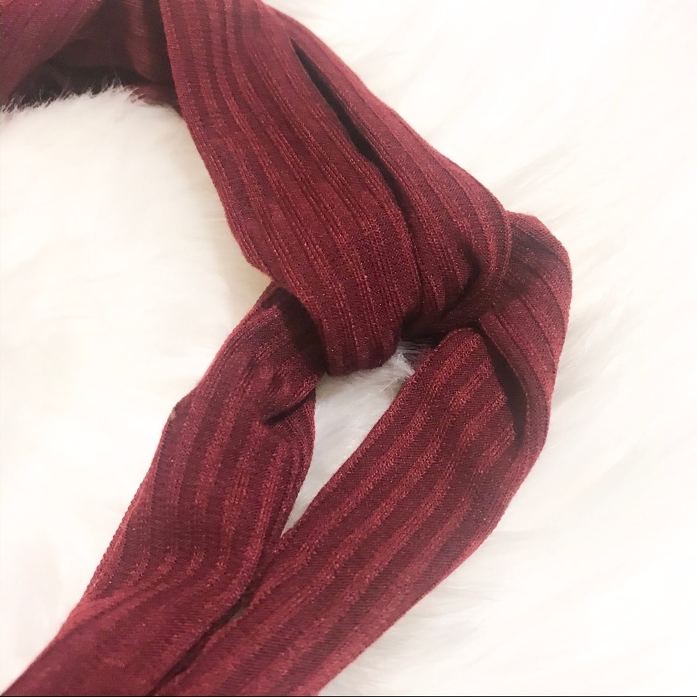 Wine Red Ribbed Cross Knot Elastic Headband - Picture 4 of 6